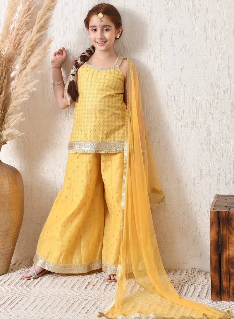 Girls mustard yellow ethnic sharara set with dupatta     festive ethnic wear for girls ilksd25