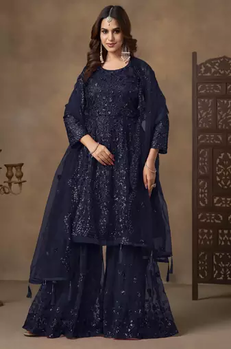 Navy blue net heavy thread embroidery with sequins work sharara suit