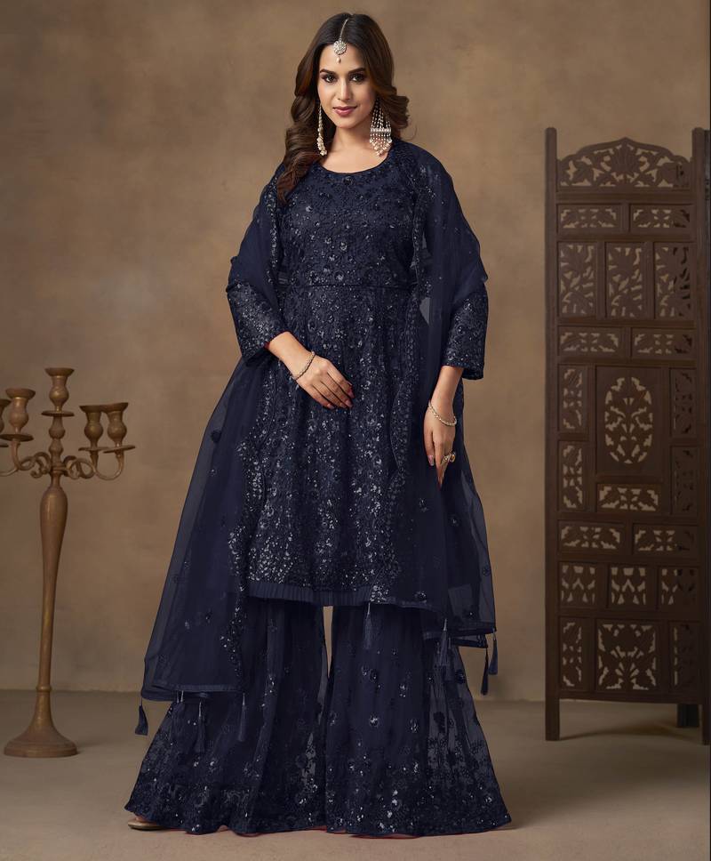 Navy blue net heavy thread embroidery with sequins work sharara suit
