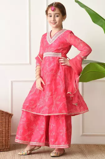 Girls pink bandhani printed layered sharara set with dupatta ilksd27