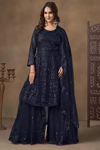 Navy blue net heavy thread embroidery with sequins work sharara suit