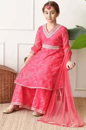 Girls pink bandhani printed layered sharara set with dupatta ilksd27