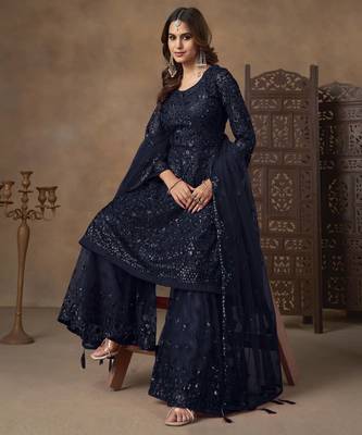 Navy blue net heavy thread embroidery with sequins work sharara suit 3