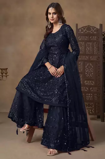 Navy blue net heavy thread embroidery with sequins work sharara suit