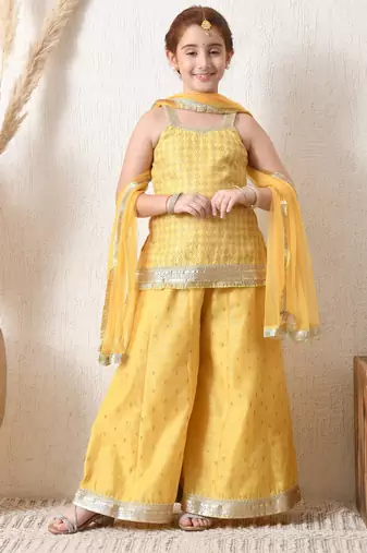 Girls mustard yellow ethnic sharara set with dupatta   festive ethnic wear for girls ilksd25