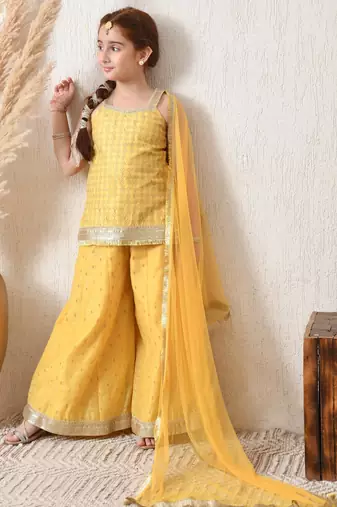 Girls mustard yellow ethnic sharara set with dupatta   festive ethnic wear for girls ilksd25