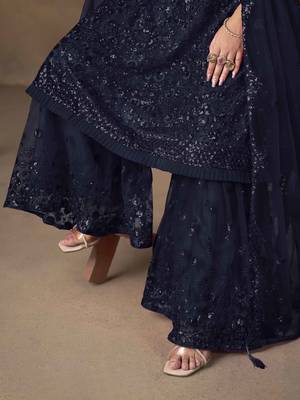 Navy blue net heavy thread embroidery with sequins work sharara suit 5