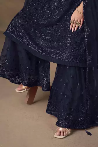 Navy blue net heavy thread embroidery with sequins work sharara suit