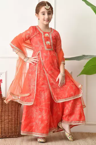 Girls peach floral bandhej printed panelled kurta sharara set with dupatta ilksd28