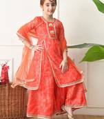 Girls peach floral bandhej printed panelled kurta sharara set with dupatta ilksd28