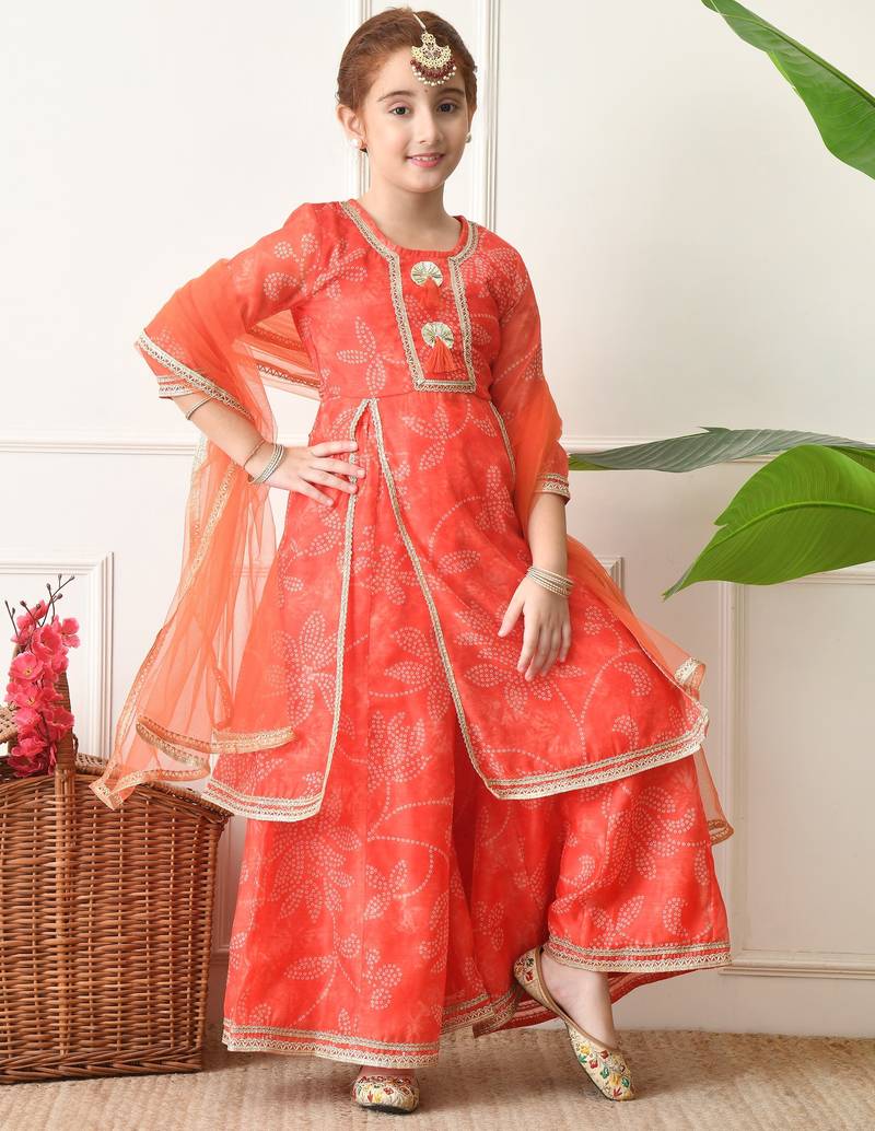 Girls peach floral bandhej printed panelled kurta sharara set with dupatta ilksd28