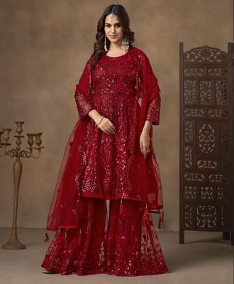 Red net heavy thread embroidery with sequins work sharara suit 1