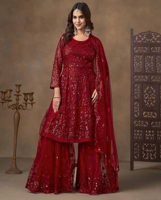 Red net heavy thread embroidery with sequins work sharara suit 2