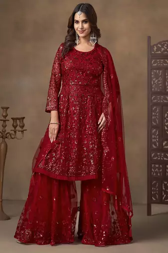 Red net heavy thread embroidery with sequins work sharara suit