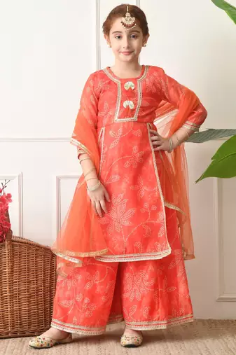 Girls peach floral bandhej printed panelled kurta sharara set with dupatta ilksd28