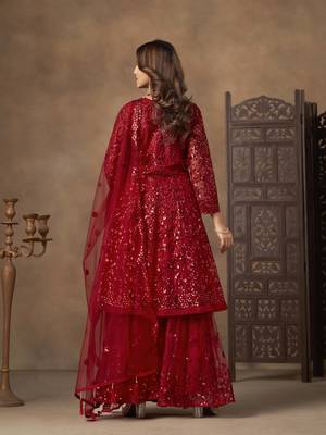 Red net heavy thread embroidery with sequins work sharara suit 4