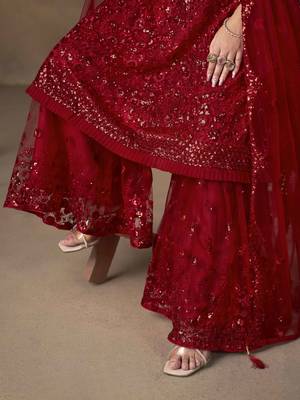Red net heavy thread embroidery with sequins work sharara suit 5