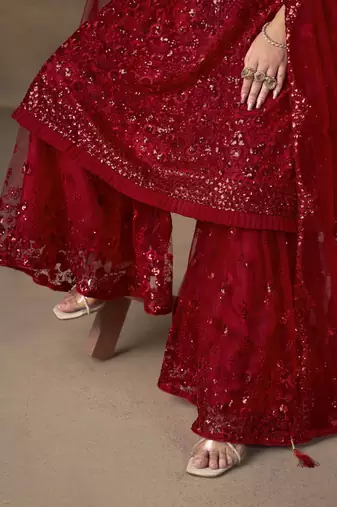 Red net heavy thread embroidery with sequins work sharara suit