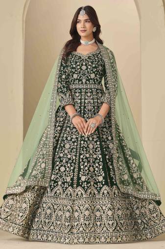 Bottle green velvet heavy thread embroidery with sequins work salwar kameez
