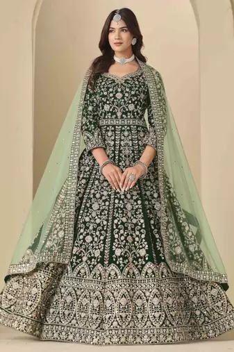 Bottle green velvet heavy thread embroidery with sequins work salwar kameez