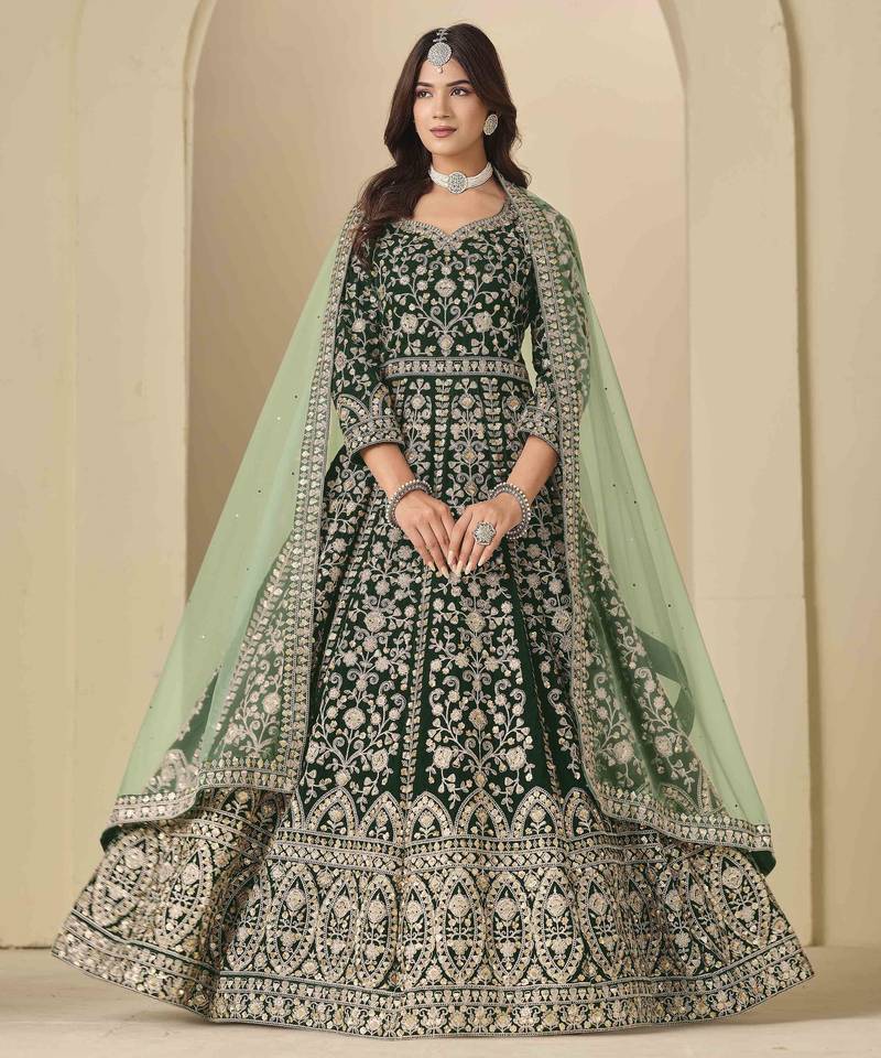 Bottle green velvet heavy thread embroidery with sequins work salwar kameez