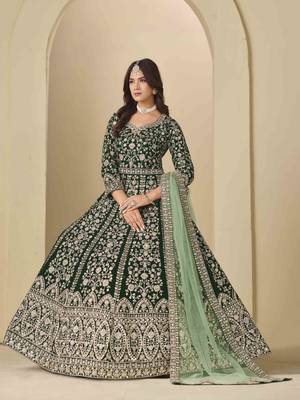Bottle green velvet heavy thread embroidery with sequins work salwar kameez 2