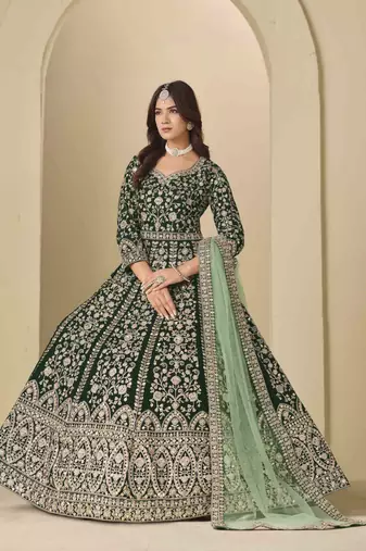 Bottle green velvet heavy thread embroidery with sequins work salwar kameez