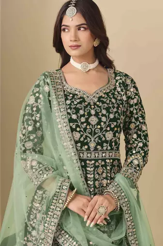 Bottle green velvet heavy thread embroidery with sequins work salwar kameez