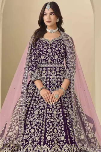 Purple velvet heavy thread embroidery with sequins work salwar kameez