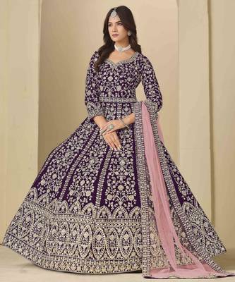 Purple velvet heavy thread embroidery with sequins work salwar kameez 1