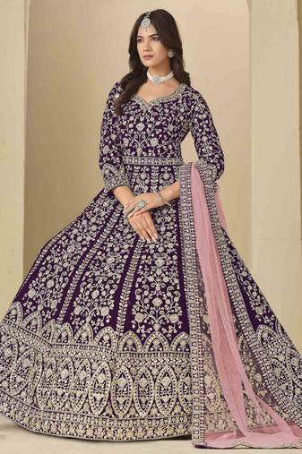 Purple velvet heavy thread embroidery with sequins work salwar kameez