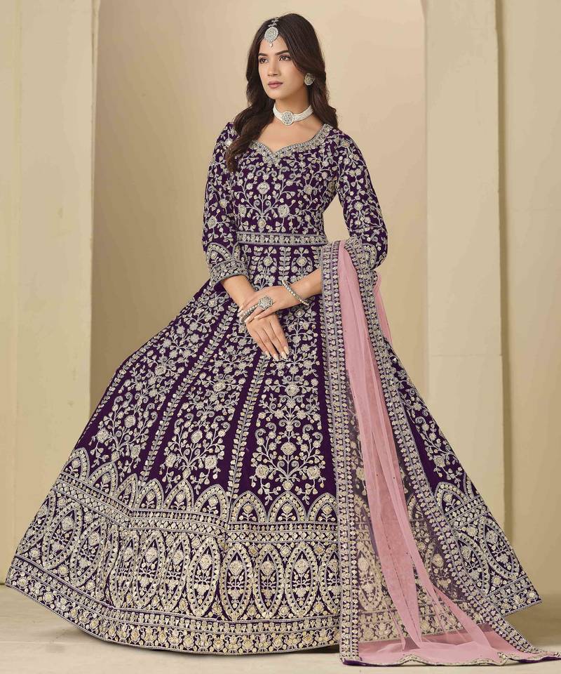 Purple velvet heavy thread embroidery with sequins work salwar kameez