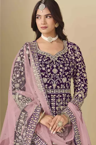Purple velvet heavy thread embroidery with sequins work salwar kameez