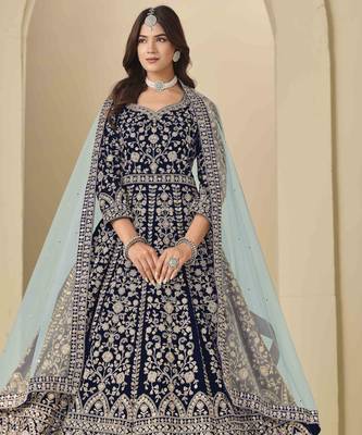 Navy blue velvet heavy thread embroidery with sequins work salwar kameez 2