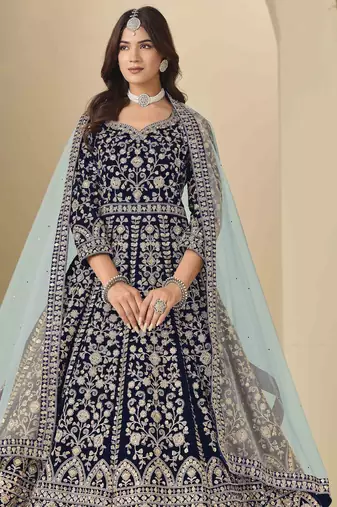 Navy blue velvet heavy thread embroidery with sequins work salwar kameez