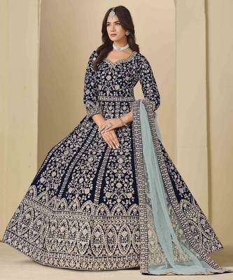 Navy blue velvet heavy thread embroidery with sequins work salwar kameez 1