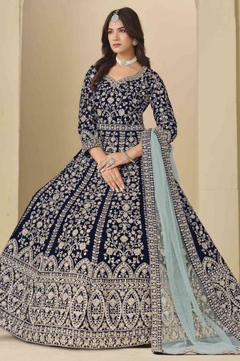Navy blue velvet heavy thread embroidery with sequins work salwar kameez