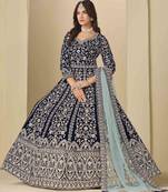 Navy blue velvet heavy thread embroidery with sequins work salwar kameez