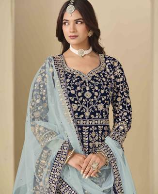 Navy blue velvet heavy thread embroidery with sequins work salwar kameez 4