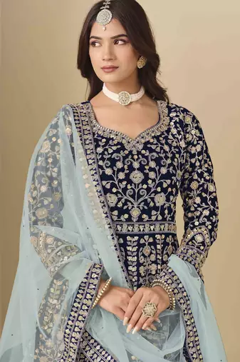 Navy blue velvet heavy thread embroidery with sequins work salwar kameez