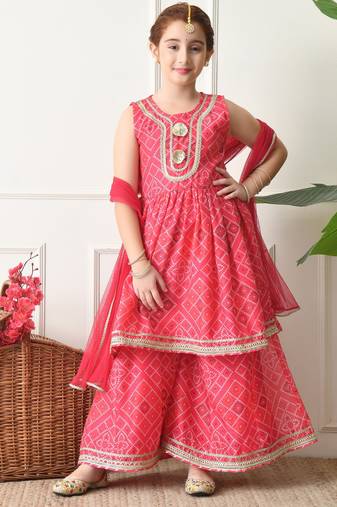 Girls pink bandhej printed kurta with sharara set with dupatta ilksd40