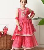 Girls pink bandhej printed kurta with sharara set with dupatta ilksd40