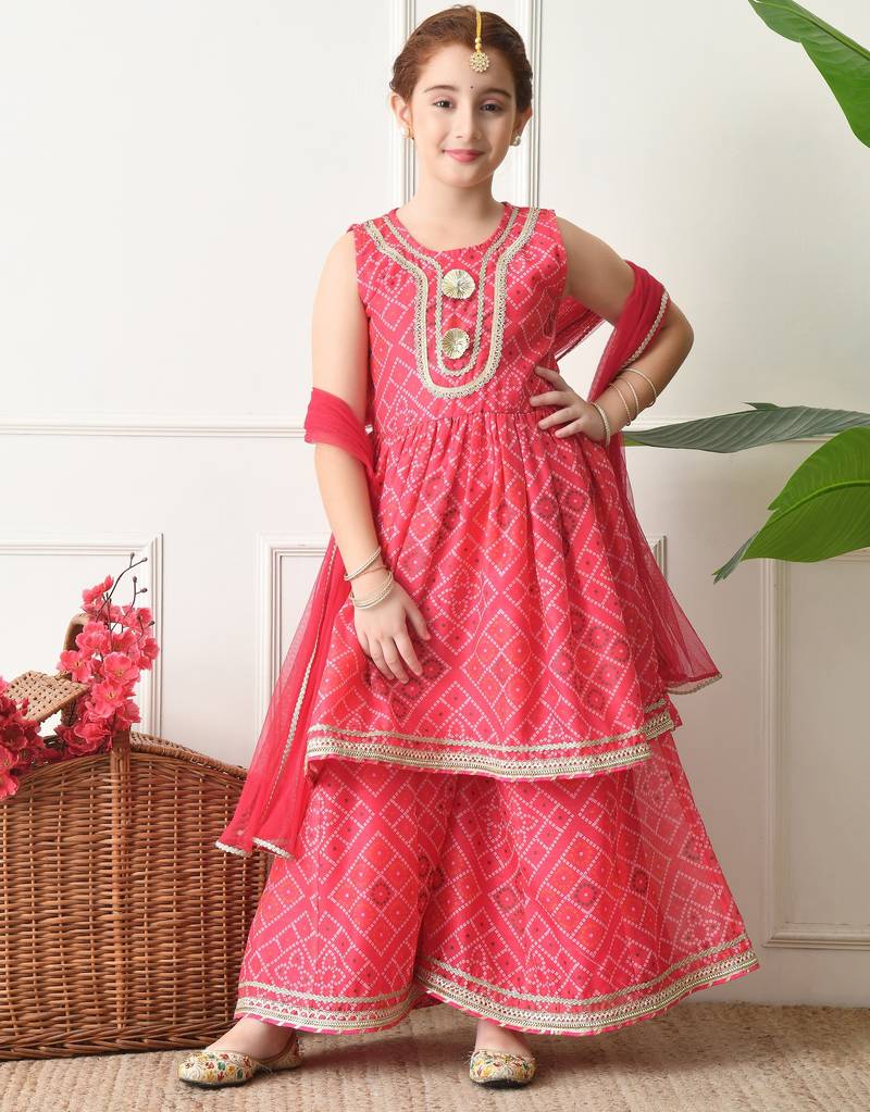 Girls pink bandhej printed kurta with sharara set with dupatta ilksd40