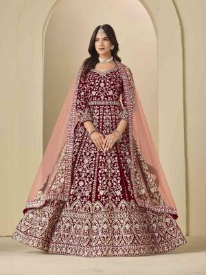 Maroon velvet heavy thread embroidery with sequins work salwar kameez 1