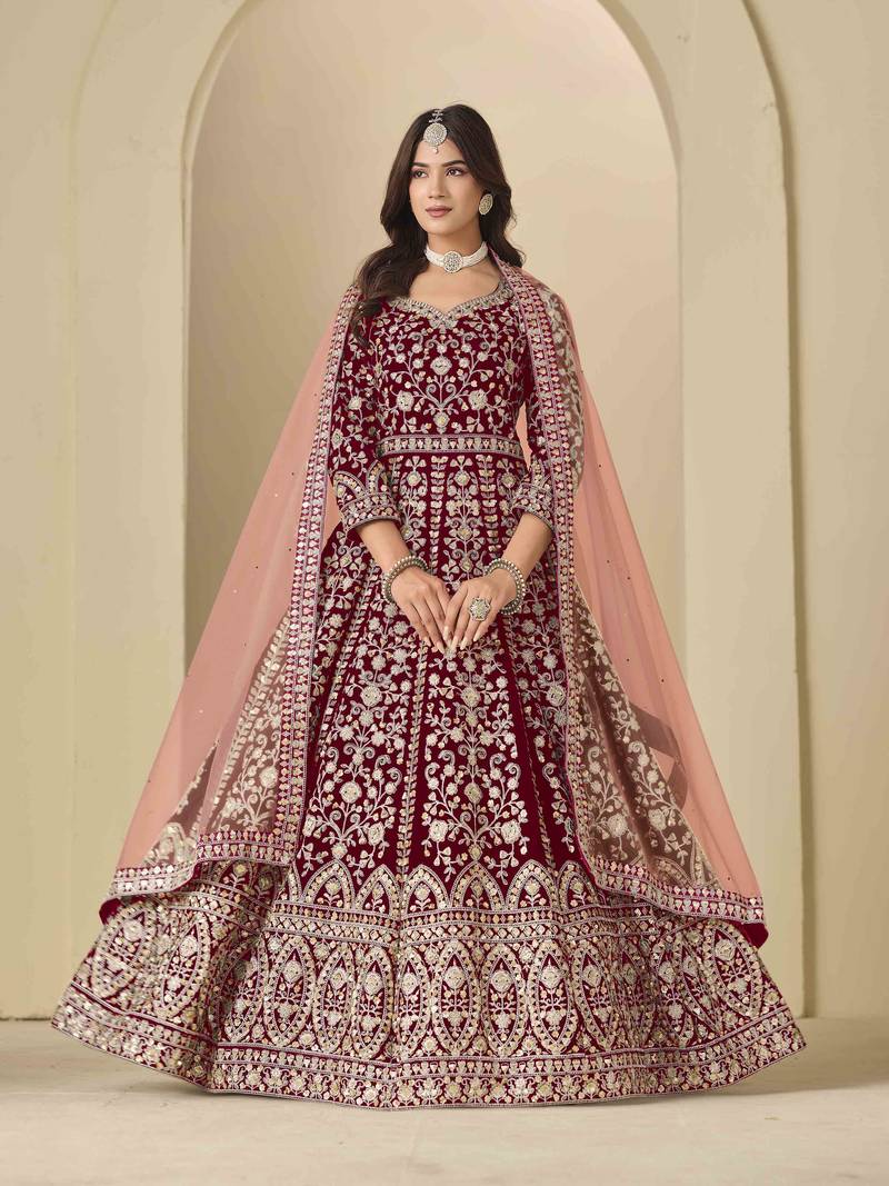 Maroon velvet heavy thread embroidery with sequins work salwar kameez