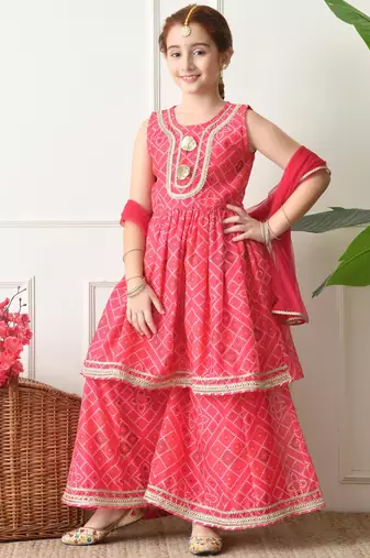 Girls pink bandhej printed kurta with sharara set with dupatta ilksd40