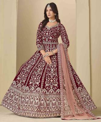 Maroon velvet heavy thread embroidery with sequins work salwar kameez 2