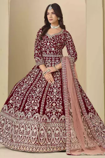 Maroon velvet heavy thread embroidery with sequins work salwar kameez