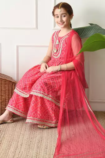 Girls pink bandhej printed kurta with sharara set with dupatta ilksd40