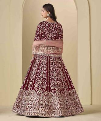 Maroon velvet heavy thread embroidery with sequins work salwar kameez 3